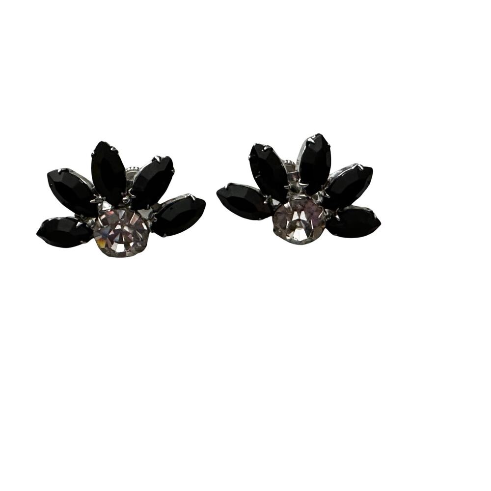 Vintage Clear and Black Rhinestone Screwback Earrings - Picture 2 of 6